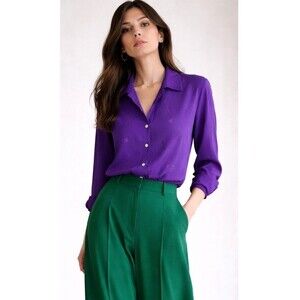 City Silk Petite Large 100% Silk Purple Textured Button Up Blouse